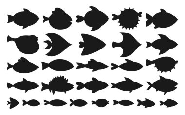 Fish abstract tropical silhouette, print seal set. Modern trendy exotic aquarium animals shape, cartoon nautical ink stamp. Various simple freshwater, sea fishes stylish print seal black collection