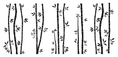 Bamboo silhouette stem bundle and leaf borders set. Exotic decoration elements fresh plant, rainforest greenery engraving ink style. Asian traditional tree leaves and sticks branches bamboo shape