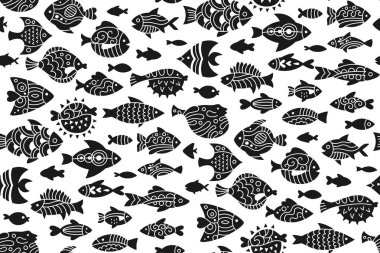 Fish abstract tropical ornamental stamp seamless pattern. Linear doodle trendy exotic aquarium animal boundless ornament, cartoon nautical repeat wallpaper. Ornament freshwater, sea fishes background