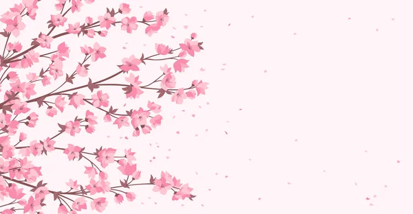 ピンクの花のバナー テンプレートやカードを持つ桜の枝 花弁を持つ優雅な日本の花の小枝植物 アジア系中国人の春咲きの背景 ベクトル東洋図 — ストックベクタ