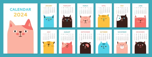 カレンダー2023漫画猫テンプレートページとカバーセットで 月刊タイポグラフィかわいい子猫コレクション 面白いかわいい猫の動物の異なる感情を描いた トレンドイベントプランナーベクトル — ストックベクタ