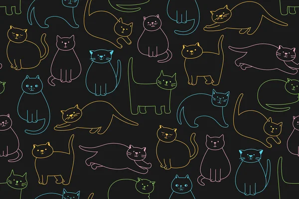 Chats Mignon Doodle Motif Linéaire Sans Couture Kitty Pure Pose — Image vectorielle