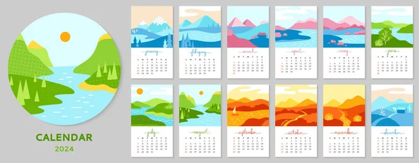 最小限の風景セットで2023年のカレンダー 要旨自然景観四季春 冬のテンプレートコレクション 毎月のトレンディーなカレンダープランナーページとカバーベクトルタイポグラフィ — ストックベクタ