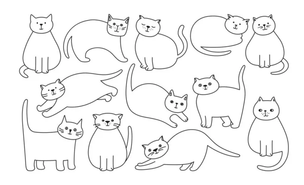 猫可爱的简单线性集 凯蒂有着不同的姿势和不同的情绪 她的漫画轮廓很清晰 素描吸引猫睡觉 伸懒腰 猫科动物被隔离 — 图库矢量图片