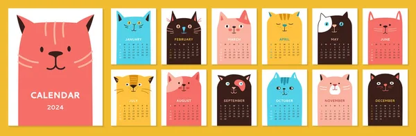 2023日历 附有卡通猫模板集 每月日历可爱的猫咪宠物系列 有趣的吸引卡瓦猫动物不同的情感 时尚事件策划者页面和封面矢量排版 — 图库矢量图片