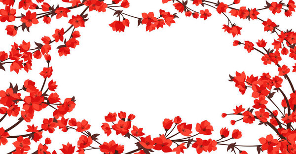 Cherry blossom branch with red flower frame banner or card. Elegant Japanese blooming twig plant with flowers petals. Asian Chinese spring blossoming background. Vector oriental template illustration