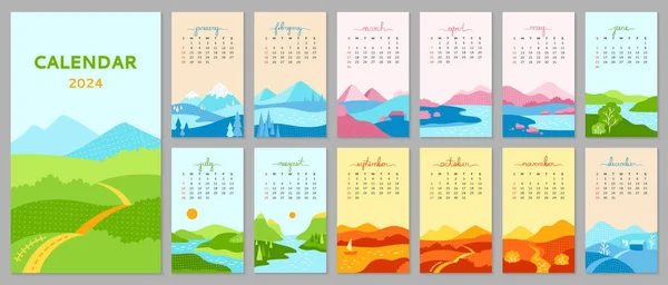 Calendar 2023 with minimalist landscape poster set. Abstract nature scenery four seasons spring, autumn, summer, winter template collection. Monthly calendar planner page and cover vector typography