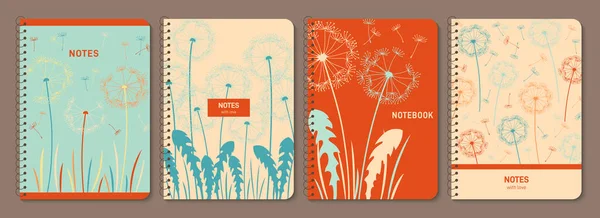 Dandelion Flying Seeds Trendy Notebook Cover Set Abstract Summer Plant — Stock Vector