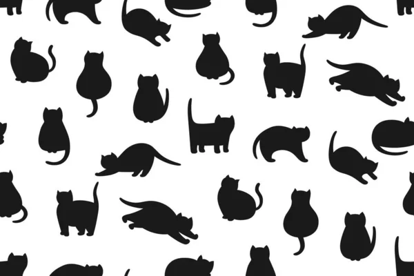 Cats Cute Silhouette Seamless Pattern Shape Kitty Purebred Different Poses — Stock Vector