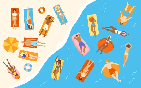 Lidé Pláži Nebo Pobřeží Relaxační Kreslený Set Ženy Muži Plavkách — Stockový vektor