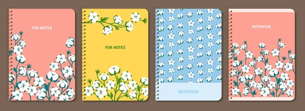 Cotton Flower Branch Trendy Notebook Cover Set Blossom Fluffy Fiber — Stock Vector