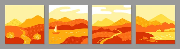 秋天的田野 秋天的山丘 摘要为海报 明信片 封面模板设计的自然景观平面简约设计 橙色黄色的地平线草甸卡通病媒图解 — 图库矢量图片