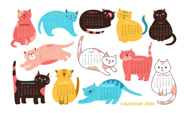 Cats Calendar 2023 Template Set 월간귀여운 고양이 컬렉션 자세와 감정을 — 스톡 벡터