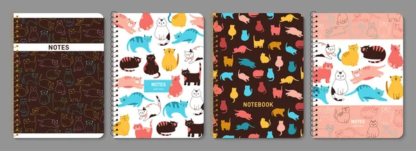 Trendy Notebook Cats Cover Set Cute Kitty Doodle Design Planner — Stock Vector