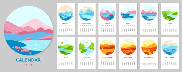 Kalendarz 2023 Minimalistycznym Zestawem Plakatów Krajobrazowych Streszczenie Okrągłe Krajobrazy Natury — Wektor stockowy
