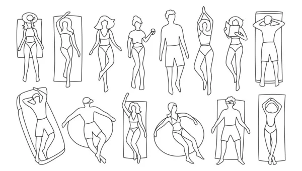 Άνθρωποι Στην Παραλία Παραλία Χαλαρωτικό Περίγραμμα Doodle Σετ Γυναίκες Άνδρες — Διανυσματικό Αρχείο