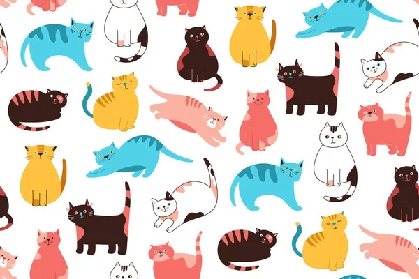 Katten Schattig Doodle Cartoon Naadloos Patroon Kitty Purebred Met Verschillende — Stockvector