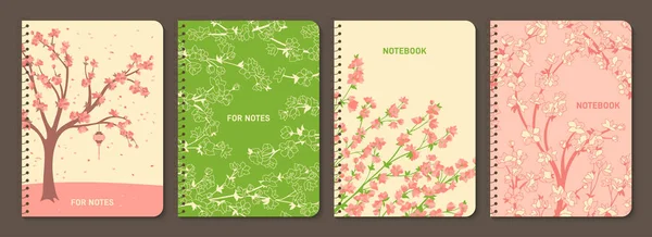 Sakura Cherry Blossom Tree Twigs Trendy Notebook Cover Set Japanese — Stock Vector