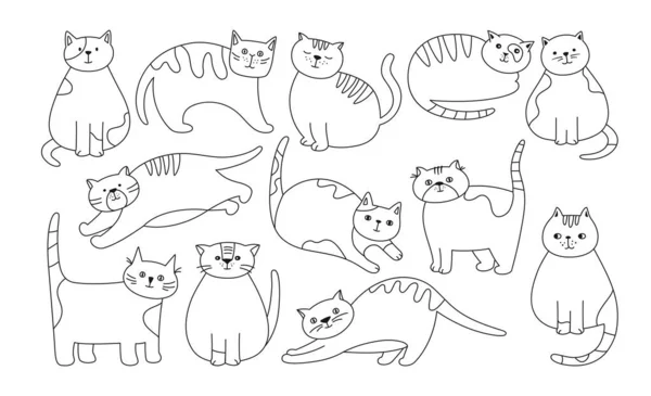 猫かわいいドアアウトラインセット キティは 異なるポーズや感情の漫画のリニアコレクションで純血 スケッチは猫の睡眠 ストレッチ 遊びを描いた 隔離された子猫のキャラクターペット動物 — ストックベクタ