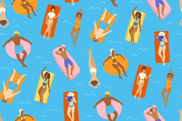 Άνθρωποι Κολυμπούν Στον Ωκεανό Καλοκαίρι Χωρίς Διακοπές Γυναίκες Και Άνδρες — Διανυσματικό Αρχείο