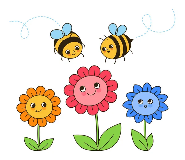 Bee Honey Characters Flowers Retro Cartoon Illustration Comics Kids Honeybee — Stock Vector