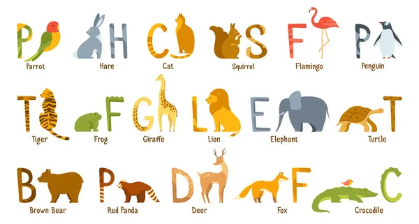 Animal Zoo Alfabeto Conjunto Dibujos Animados Letras Ornamentales Animales Para — Vector de stock