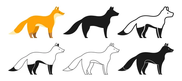 Fox Animales Salvajes Estilo Dibujos Animados Conjunto Bosque Divertido Mamífero — Vector de stock