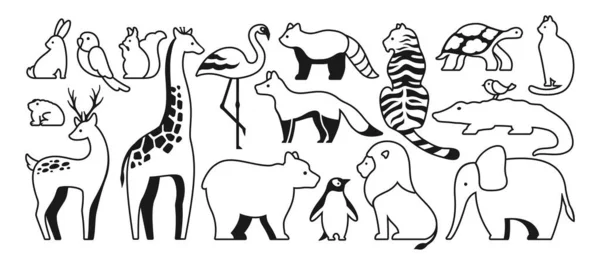 동물귀엽고 선형적 서명하 앵무새 다람쥐 개구리 팬더와 포유류 동물의 캐릭터 — 스톡 벡터