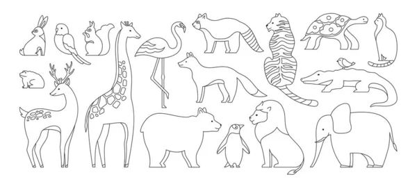 Animal Cute Doodle Linear Set Hare Parrot Squirrel Frog Giraffe — Stock Vector