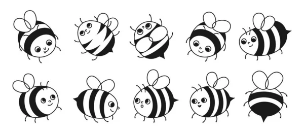 ミツバチの蜂蜜の文字かわいいサインセット 漫画の子供ミツバチ昆虫面白い感情レトロな顔を持つ文字 かわいい描かれた夏のヴィンテージ漫画 笑顔の縞模様の蜂の戯画的なデザインベクトルイラスト — ストックベクタ