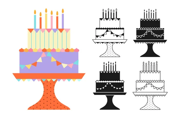 Geburtstagstorte Dekoriert Girlanden Karikatur Feier Dessert Symbolmarke Linie Doodle Set — Stockvektor