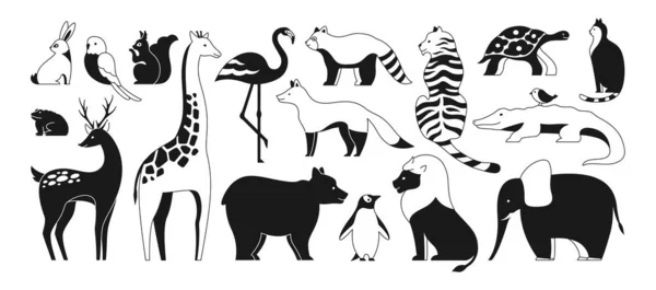 动物可爱的单色线性集 兔子和鹦鹉 长颈鹿 熊猫和熊企鹅 用于婴儿卡片的哺乳动物字符 虎等设计纲要 — 图库矢量图片#