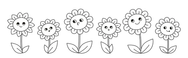 Blumen Kamille Doodle Comic Set Comics Kinder Lineare Florale Niedliche — Stockvektor