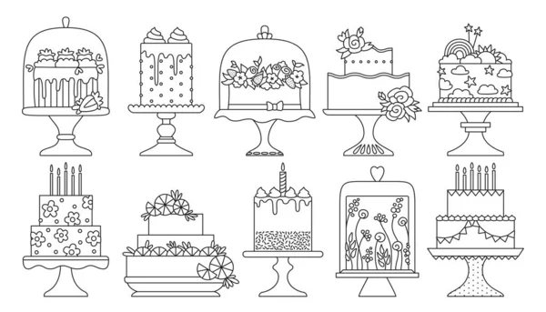 誕生日と結婚式のケーキお祝いのデザートドアセット パーティーおいしいカップケーキ甘いベーカリーコレクション 休日の装飾おいしいケーキ 記念日招待カード ペストリーリニアベクトルデザイン — ストックベクタ