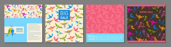 Parrot Tropical Trendy Cover Square Card Cartoon Design Set Summer — Stock Vector