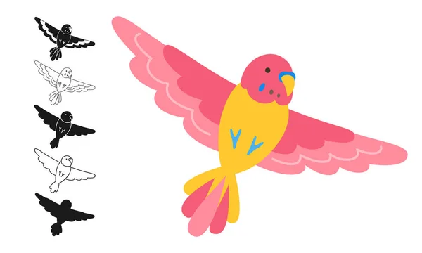 鹦鹉热带卡通集 异国情调的亮晶晶鹦鹉飞着轮廓的轮廓标志 雕刻着幼稚嫩的夏装系列 夏威夷野生动物丛林中可爱的野鸟 滑稽生动的性格矢量 — 图库矢量图片