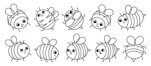 Bijen Honing Karakters Lineaire Doodle Set Stripkinderen Honingbij Insecten Personages — Stockvector