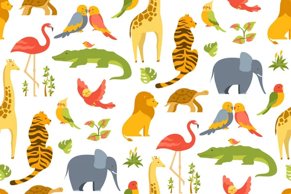 Tropical Exotic Animal Cartoon Seamless Pattern Funny Hawaiian Parrot African — Stock Vector
