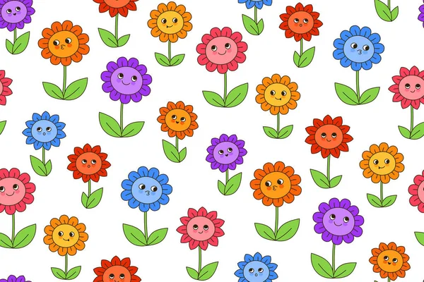 Květiny Heřmánku Karikatura Louka Retro Bezešvé Vzor Letní Děti Lineární — Stockový vektor