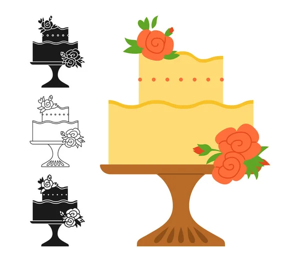Wedding Birthday Cake Decorated Flower Rose Cartoon Celebration Dessert Symbol — Stock Vector
