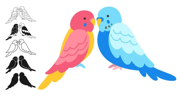 Paar Papageien Tropische Helle Kindische Cartoon Set Exotische Wellensittich Liebhaber — Stockvektor