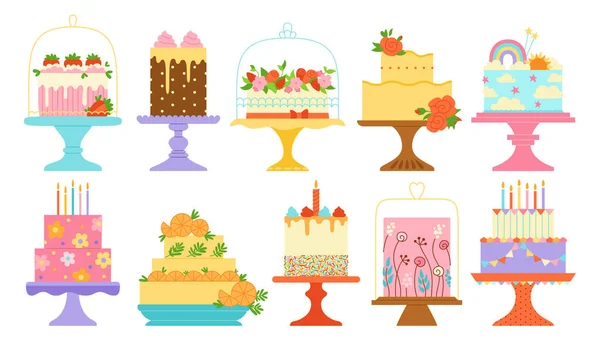 День Рождения Свадебные Торты Праздник Десерты Мультяшный Набор Вечеринка Вкусный — стоковый вектор