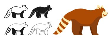 Kızıl panda vahşi hayvan çizgi film seti. Çin Asya memeli ayı sembolü, çizgi karalama ya da siluet koleksiyonu. Düz komik panda karakteri hayvan ikonu. El çizimi basit soyut hayvanat bahçesi vektör çizimi