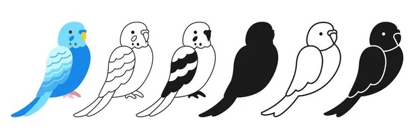 Parrot Tropické Karikatury Set Exotické Světlé Papoušci Budgerigar Sedí Silueta — Stockový vektor