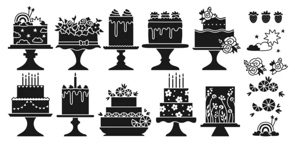 誕生日と結婚式のケーキお祝いのデザートスタンプセット パーティーおいしいカップケーキ甘いベーカリーコレクション 休日の装飾おいしいケーキ 記念日招待カード エッチングブランドベクトルデザイン — ストックベクタ