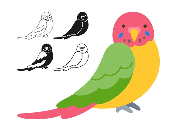 Papağan Tropik Parlak Çocuksu Çizgi Film Seti Egzotik Muhabbet Kuşu — Stok Vektör