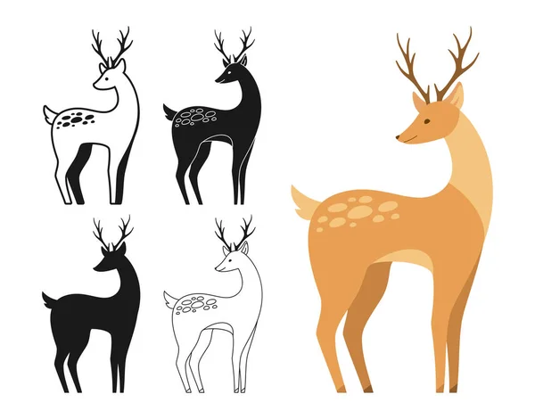 Stock vector Deer with antlers wild animal cartoon style set. Forest mammal deer side view symbol, line doodle, stamp or silhouette collection. Flat character animal icon. Hand drawn simple abstract zoo vector