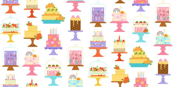 Urodzinowe Ciasta Świętować Desery Kreskówki Bezproblemowy Wzór Impreza Pyszne Babeczki — Wektor stockowy