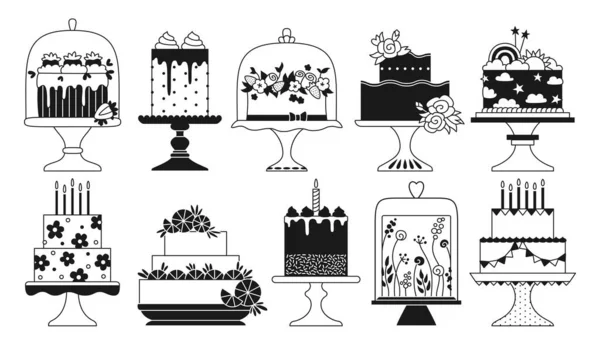 Födelsedag Och Bröllopstårtor Firar Desserter Doodle Set Festa Läckra Cupcake — Stock vektor