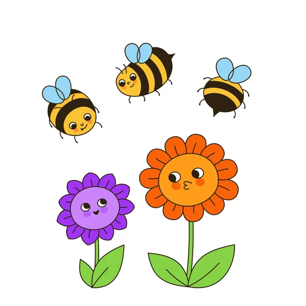 蜂の蜂蜜の文字や花のレトロな漫画のイラスト 漫画の子供ミツバチ昆虫の文字面白い顔のアートワークと かわいい子供の手描かれた夏の漫画のスマイリー戯画蜂のデザインベクトル — ストックベクタ